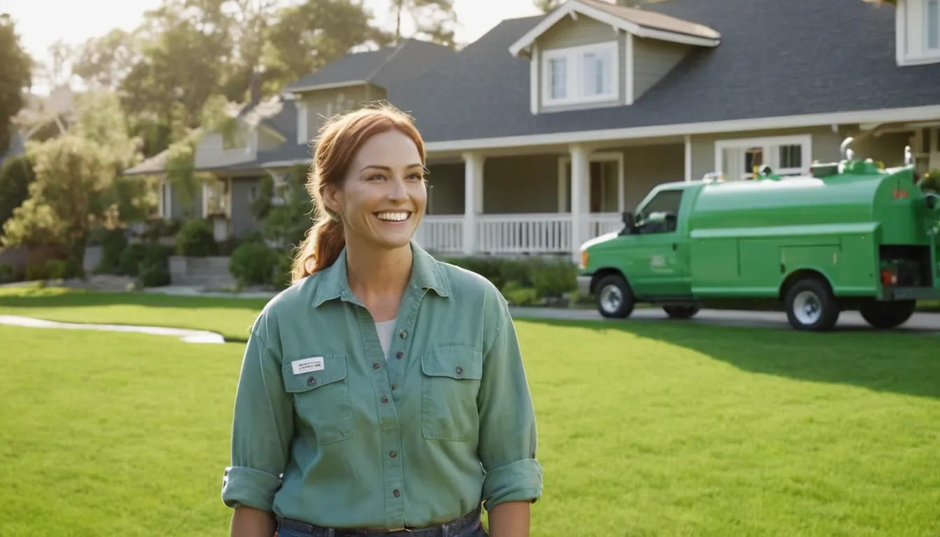A friendly septic provider talking with a homeowner in a front yard near Lake Forest