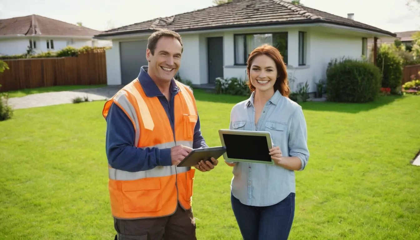 Friendly septic provider and a homeowner reviewing a septic system inspection in a yard in the Lake Forest area